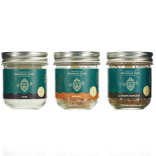 Zout BBQ Trioset 'Puur, Gerookt & Zwarte Knoflook' 100gr